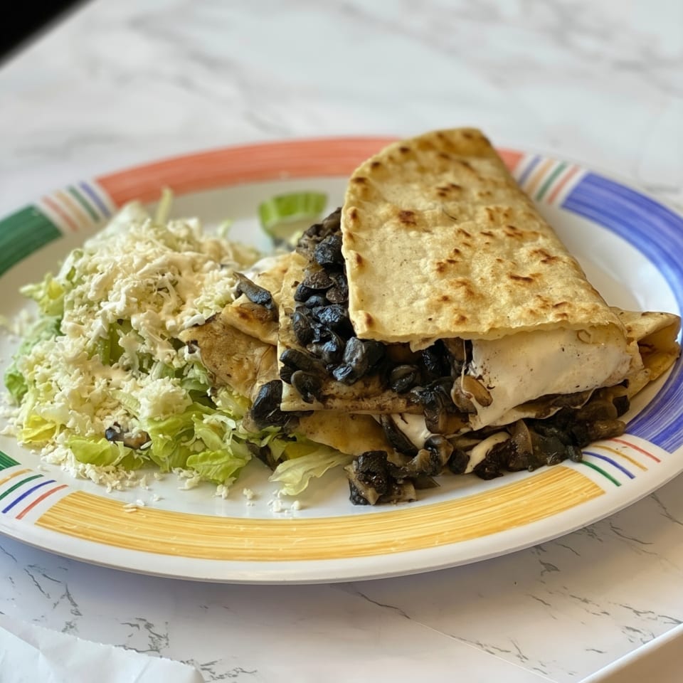 Mushroom and cheese quesadilla with a side of shredded lettuce and crumbled white cheese.