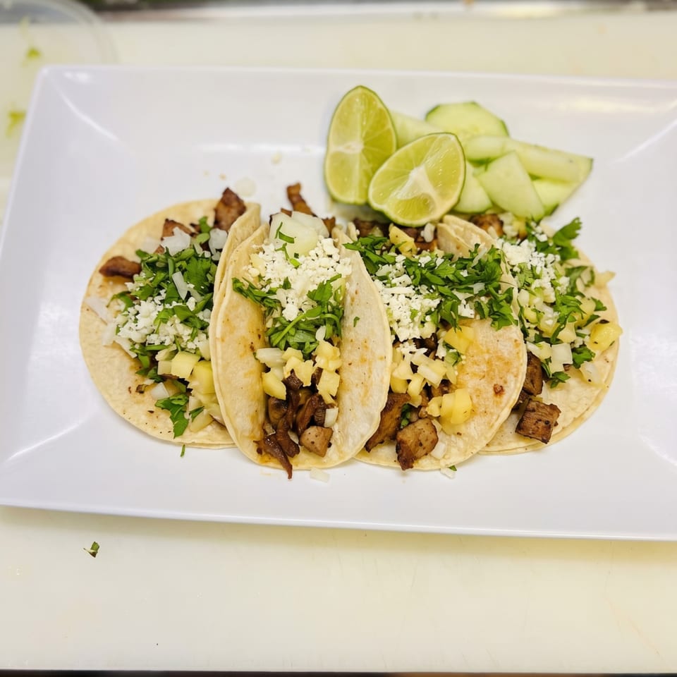 Four al pastor tacos with pineapple, cilantro, onions, and cheese, served with lime and cucumber.